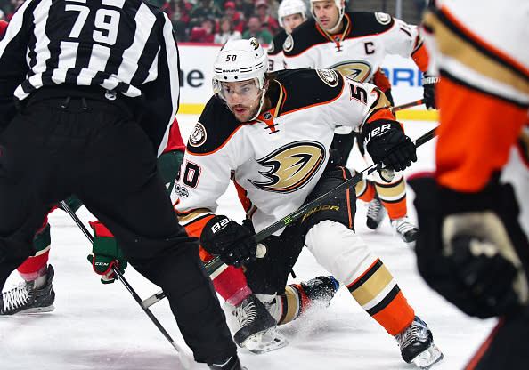 ST. PAUL, MN - FEBRUARY 14: Anaheim Ducks Left Wing Antoine Vermette (50) battles on a face-off during a NHL game between the Minnesota Wild and Anaheim Ducks on February 14th, 2017 at the Xcel Energy Center in St. Paul, MN. The Ducks defeated the Wild 1-0. (Photo by Nick Wosika/Icon Sportswire via Getty Images)