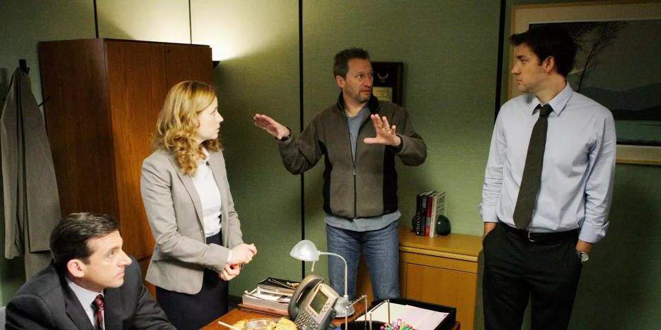 THE OFFICE -- "Company Picnic" Episode 26 -- Pictured: (l-r) Steve Carell as Michael Scott, director Ken Kwapis, Jenna Fischer as Pam Beesly, John Krasinski as Jim Halpert -- Photo by: Chris Haston/NBC/NBCU Photo Bank