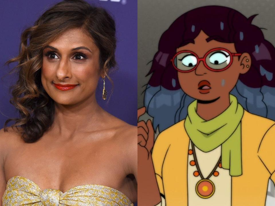 On the left: Sarayu Blue in February 2019. On the right: The character Diya in the animated series “Velma.”