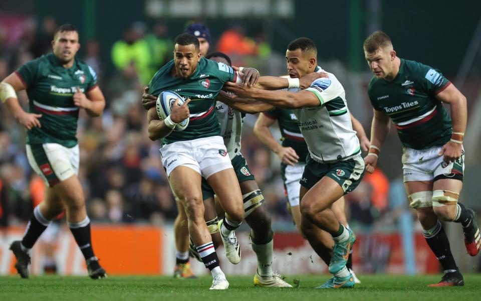 Anthony Watson of Leicester Tigers is tackled by Will Joseph (R) during the Gallagher Premiership Rugby match between Leicester Tigers and London Irish - David Rogers/Getty Images