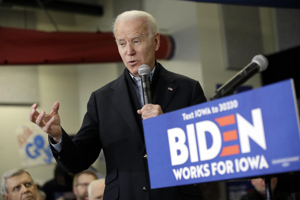Democratic presidential candidate former Vice President Joe Biden speaks during a campaign event Tuesday, Jan. 28, 2020, in Muscatine, Iowa. (AP Photo/Marcio Jose Sanchez)
