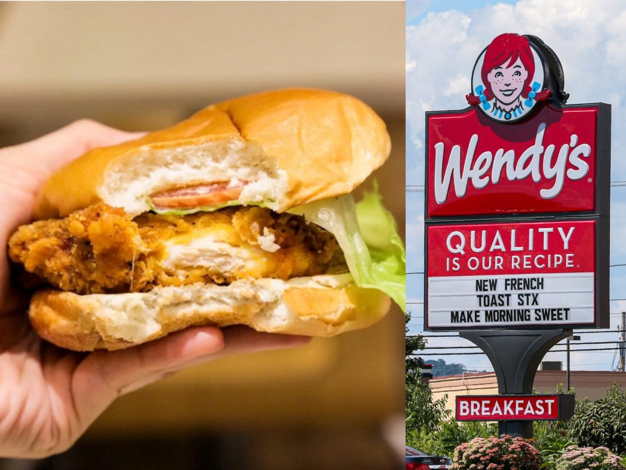 A Wendy's spicy chicken sandwich; A sign advertising breakfast items seen at a Wendy's fast food restaurant near Bloomsburg