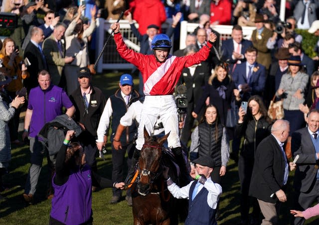 Rachael Blackmore celebrates winning the Cheltenham Gold Cup on A Plus Tard 