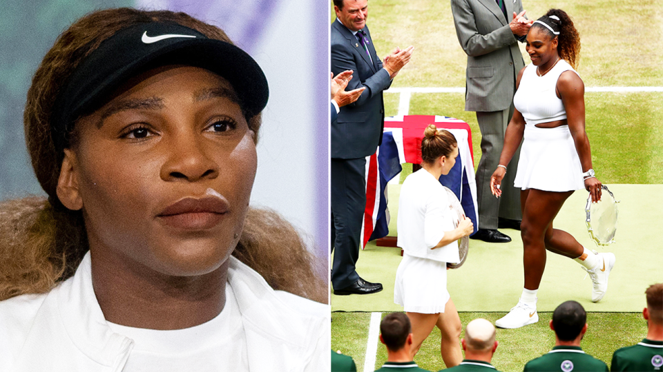 Serena Williams speaking and Williams walks past Simona Halep.