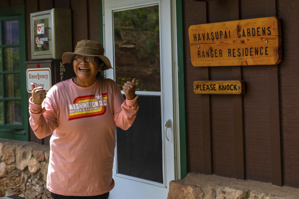 Havasupai tribal leader Carletta Tilousi arrives at a ranger station Friday, May 5, 2023, in the Grand Canyon after an hours-long hike. The tribe held a blessing ceremony to mark the renaming of a popular campground from Indian Garden to Havasupai Gardens. (AP Photo/Ty O'Neil)