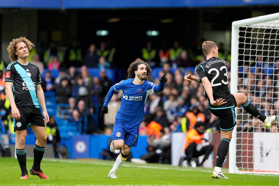 Marc Cucurella celebrates after putting Chelsea in front against Leicester (AP)