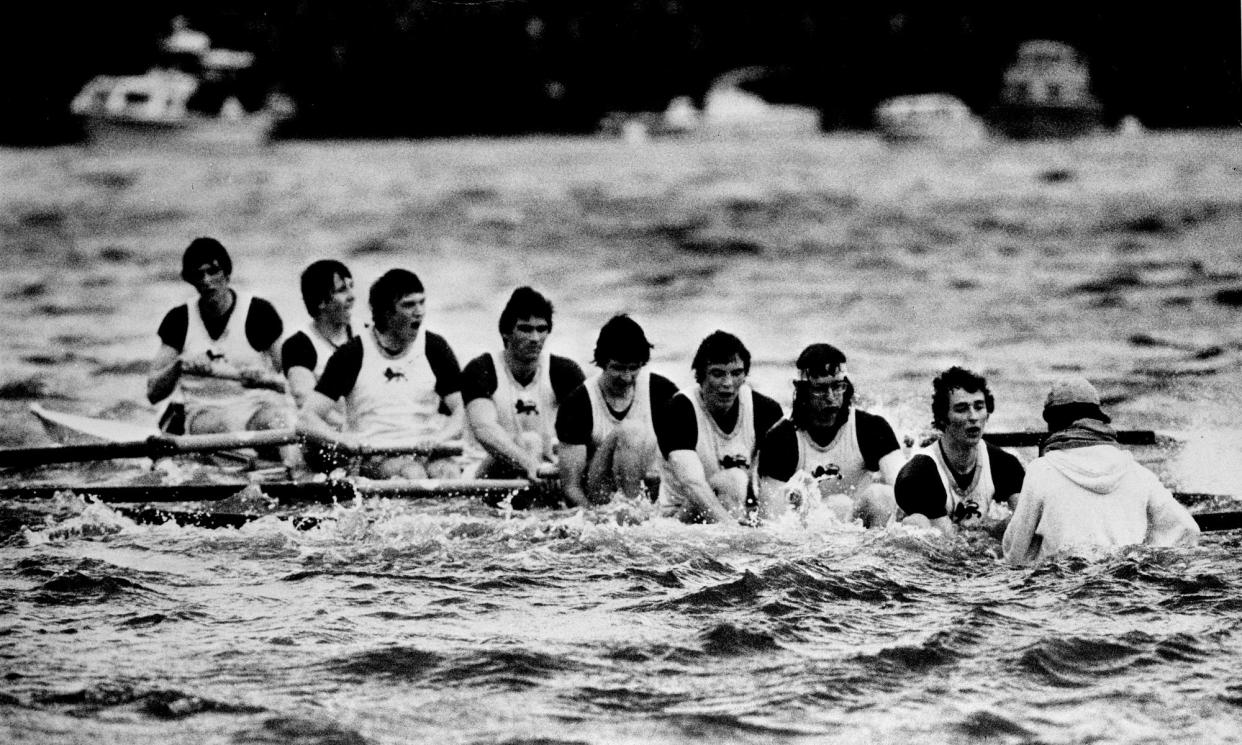 <span>Cambridge sink in the 1978 Oxford Cambridge Boat Race</span><span>Photograph: Eamonn McCabe/The Guardian</span>