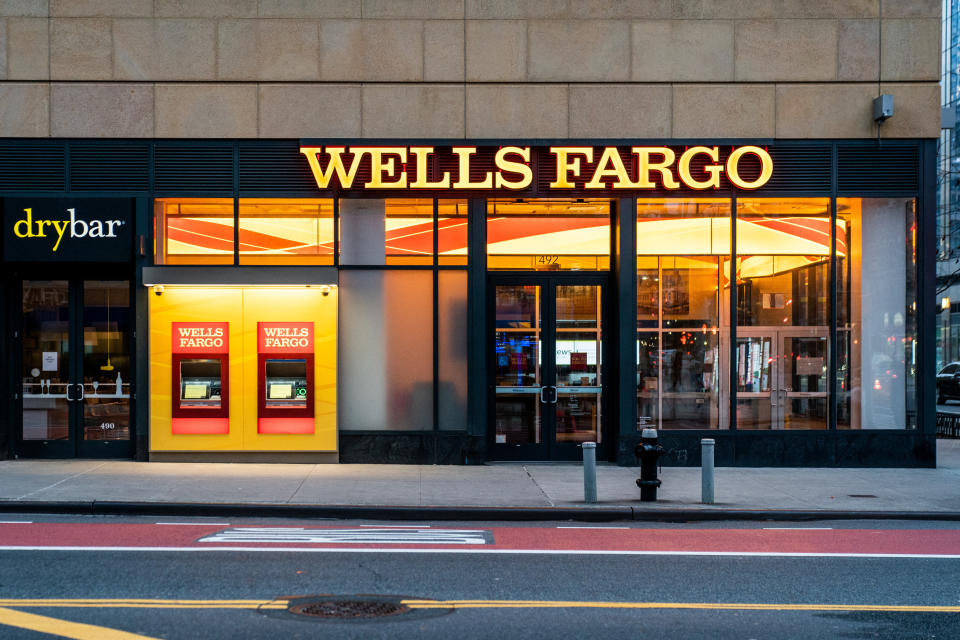 FILE PHOTO: Wells Fargo Bank branch is seen in New York City, U.S., March 17, 2020. REUTERS/Jeenah Moon/File Photo