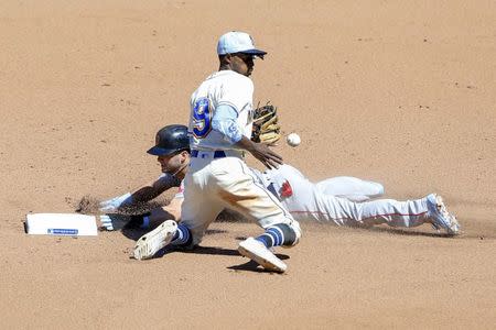 Jun 17, 2018; Seattle, WA, USA; Boston Red Sox left fielder Andrew Benintendi (16) steals second base as Seattle Mariners second baseman Dee Gordon (9) fields the throw during the seventh inning at Safeco Field. Mandatory Credit: Jennifer Buchanan-USA TODAY Sports