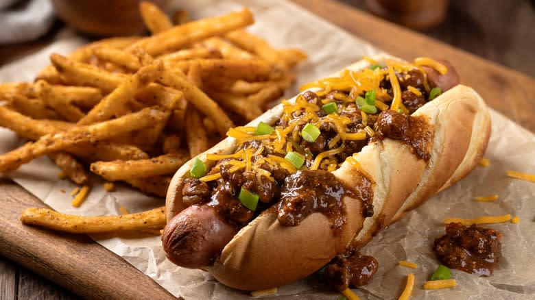 chili dog with fries