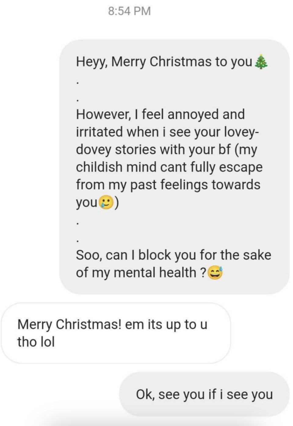 On Christmas, person who gets annoyed when they see this person's lovey-dovey posts with their bf asks if they can block them for their mental health, and are told 