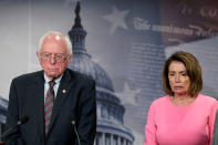 <p>U.S. House Minority Leader Nancy Pelosi (D-CA) and Sen. Bernie Sanders (D-VT) react during a news conference on release of the president’s FY2018 budget proposal on Capitol Hill in Washington, U.S., May 23, 2017. (Photo: Yuri Gripas/Reuters) </p>