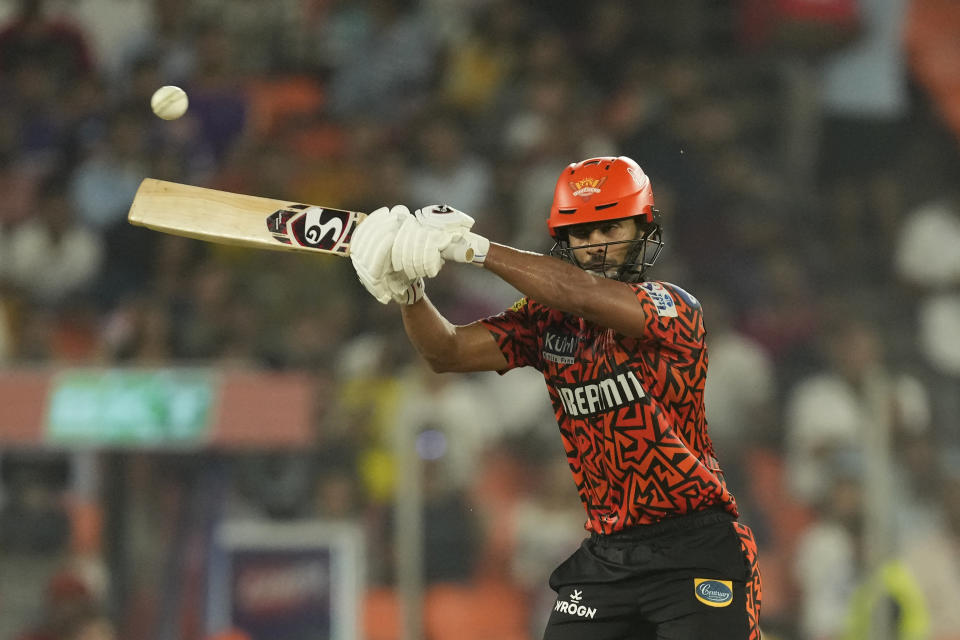 Sunrisers Hyderabad's Rahul Tripathi plays a shot during the Indian Premier League qualifier cricket match between Kolkata Knight Riders and Sunrisers Hyderabad in Ahmedabad, India, Tuesday, May 21, 2024. (AP Photo/Ajit Solanki)
