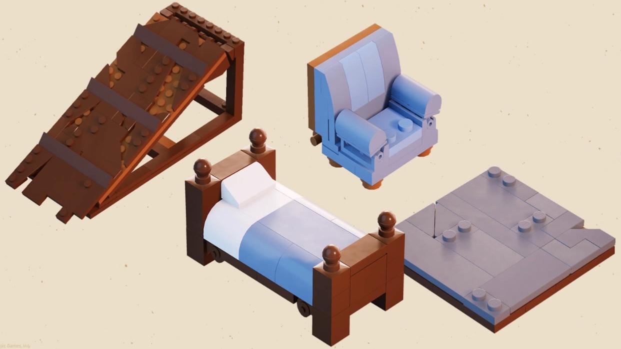  Lego Fortnite furniture including stairs, a bed and an armchair. 