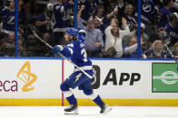 Tampa Bay Lightning left wing Brandon Hagel (38) celebrates after scoring against the Florida Panthers during the first period in Game 4 of an NHL hockey Stanley Cup first-round playoff series, Saturday, April 27, 2024, in Tampa, Fla. (AP Photo/Chris O'Meara)