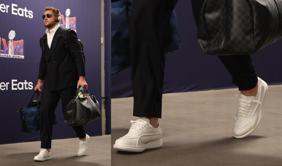 Nick Bosa, #97 of the San Francisco 49ers, went neutral in a pair of white Deerskin sneakers by Giorgio Armani. 