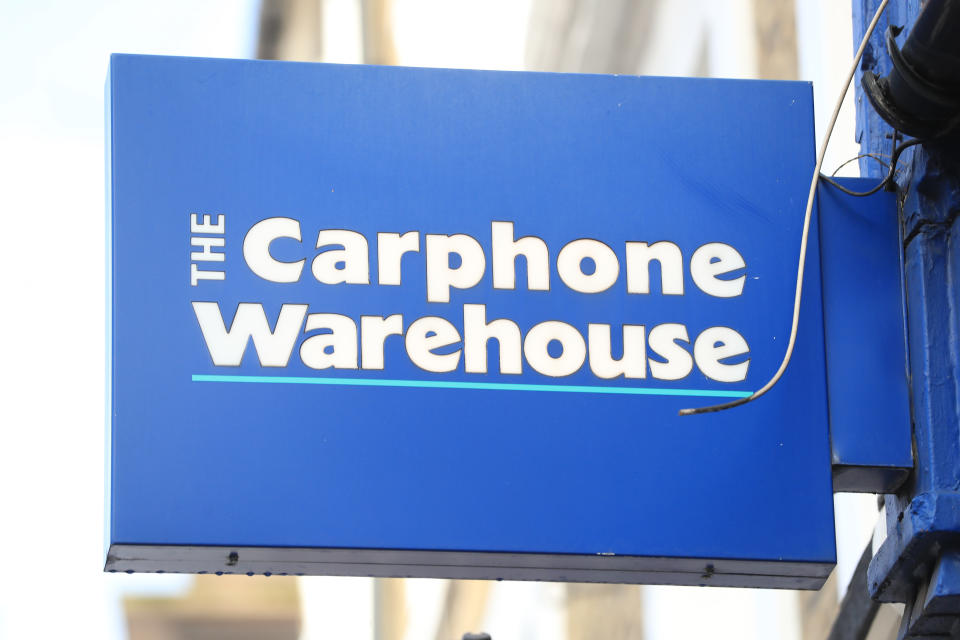 A view of a sign for a Carphone Warehouse mobile phone retailer in London.