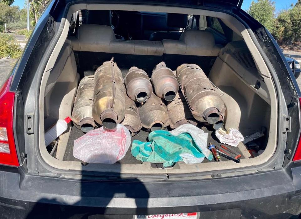California Highway Patrol arrested two people Wednesday after they were found in a vehicle with nine stolen catalytic converters.