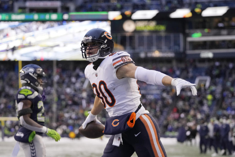 Chicago Bears tight end Jimmy Graham reacts after scoring a touchdown on a pass reception in the end zone against the Seattle Seahawks during the second half of an NFL football game, Sunday, Dec. 26, 2021, in Seattle. The Bears won 25-24. (AP Photo/Stephen Brashear)