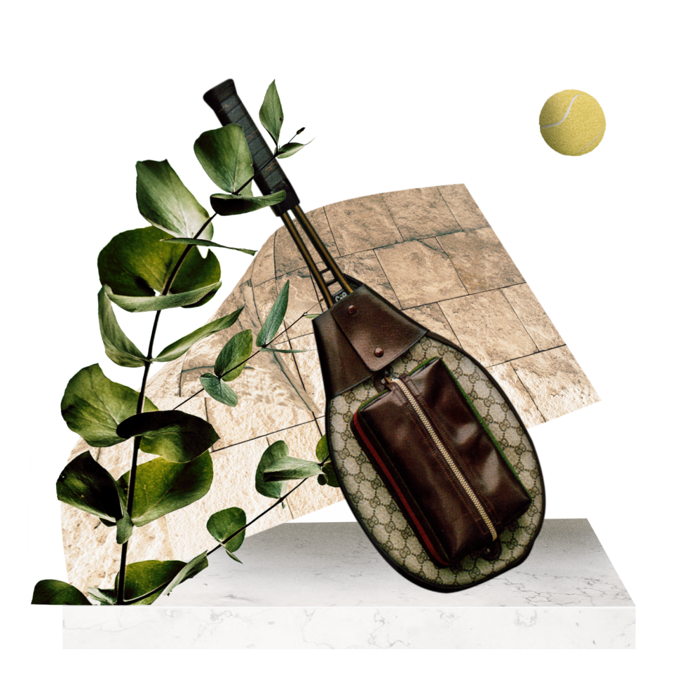 abstract collage of a vintage Gucci tennis racket case leaning on leaves atop a marble pedestal and in front of stone texture