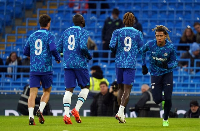 Cheslea players wearing number nine tops in tribute to the late Gianluca Vialli (Martin Rickett/PA).