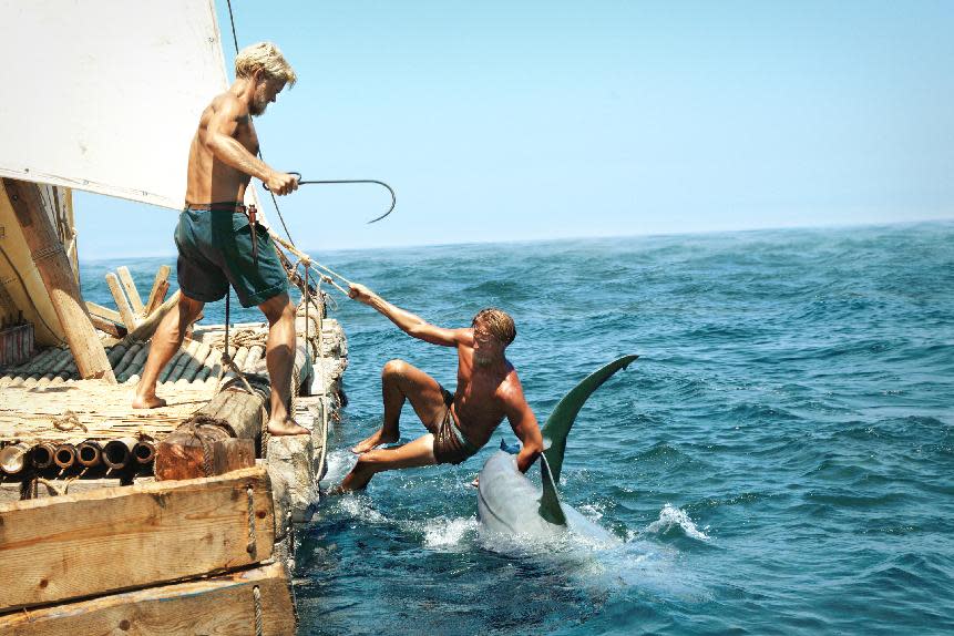 This film image released by The Weinstein Company shows Jakob Oftebro as Torstein, left, and Tobias Santelmann as Knut in a scene from "Kon Tiki." (AP Photo/The Weinstein Company)