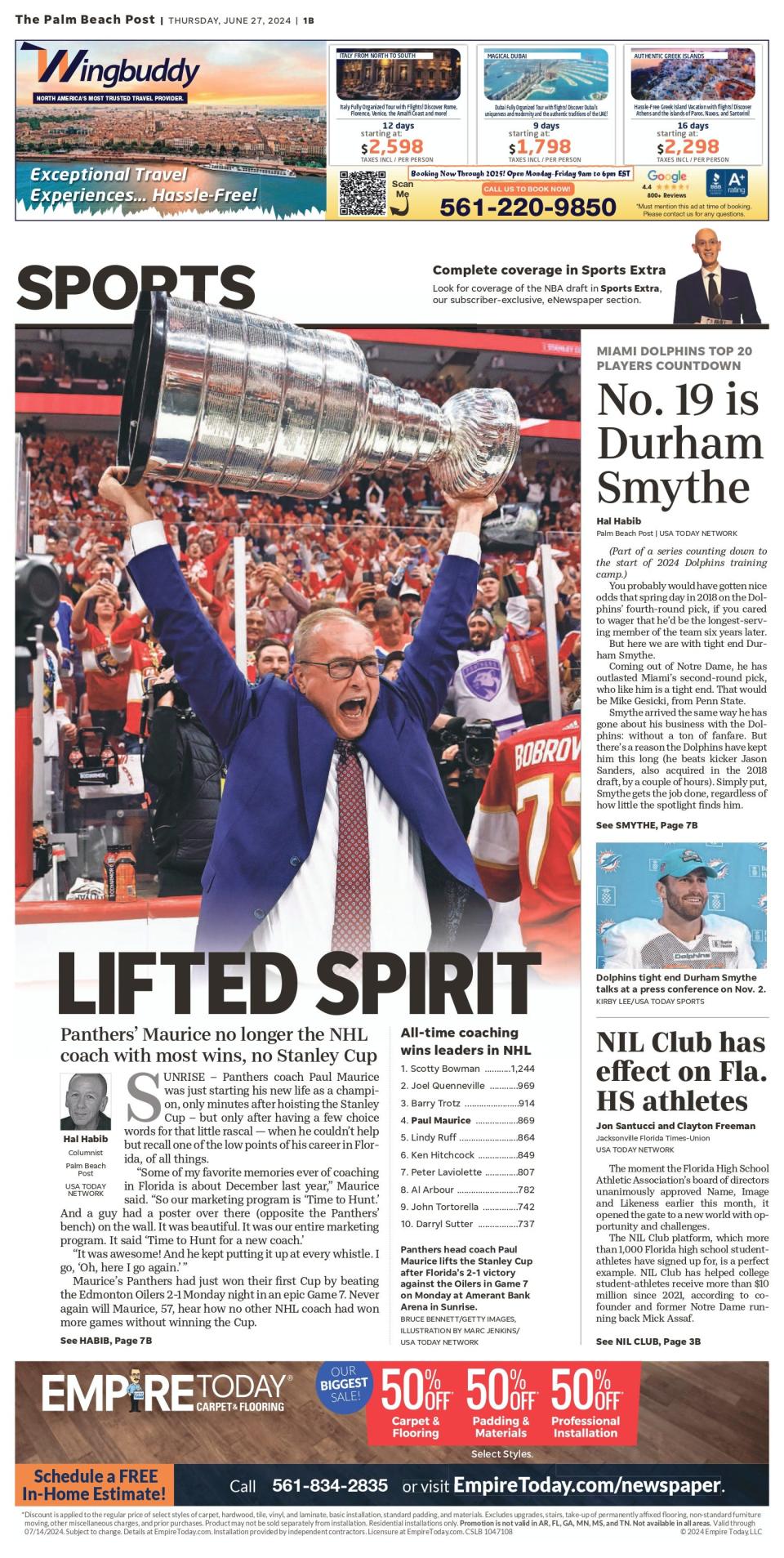 Palm Beach Post sports front, Thursday, June 27, 2024