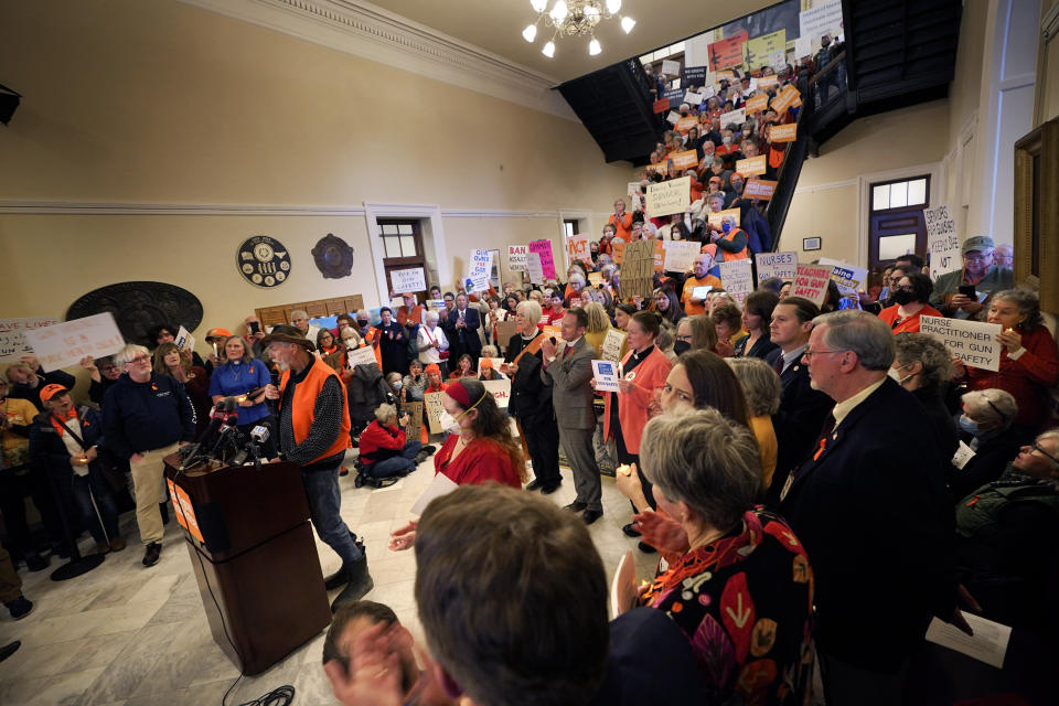 Max Zachau of Bowdoinham, Maine, speaks at a crowded anti-gun rally at the State House, Wednesday, Jan. 3, 2024, in Augusta, Maine. (AP Photo/Robert F. Bukaty)