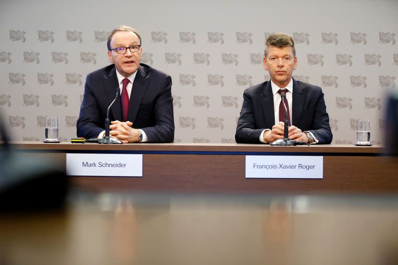 Nestle Chief Executive Mark Schneider and Chief Financial Officer Francois-Xavier Roger are pictured during a news conference at the company headquarters in Vevey