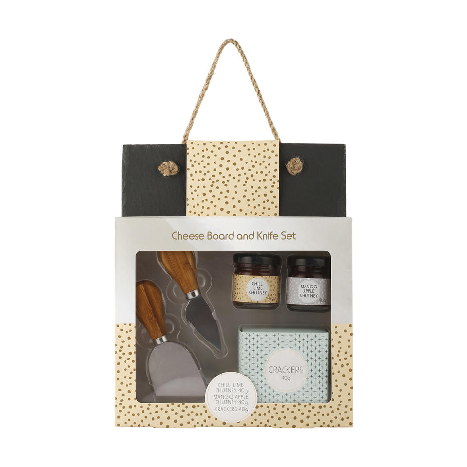 <p>This uber cute cheese set is a summer picnic essential! It includes chilli lime chutney (40g), mango apple chutney (40g), crackers (40g), slate cheese board, 1 knife & 1 spatula. Source: <a rel="nofollow noopener" href="https://www.kmart.com.au/product/cheese-board--knife-set/2299330" target="_blank" data-ylk="slk:Kmart;elm:context_link;itc:0;sec:content-canvas" class="link ">Kmart</a> (in stores only) </p>