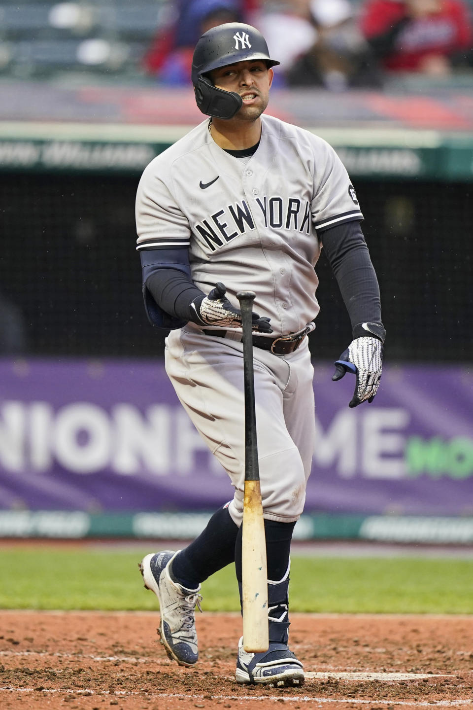 New York Yankees' Rougned Odor drops his bat after hitting a solo home run in the fifth inning of a baseball game against the Cleveland Indians, Saturday, April 24, 2021, in Cleveland. (AP Photo/Tony Dejak)