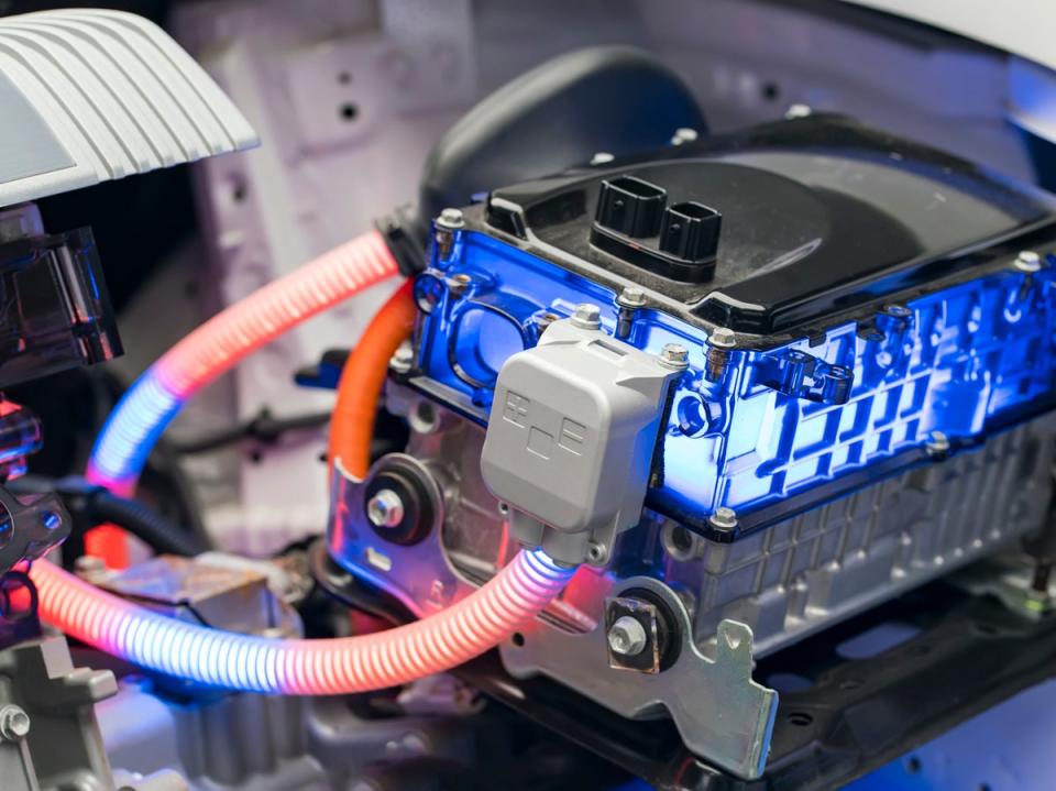 An electric car’s lithium battery pack and power connections (Getty/iStockphoto)