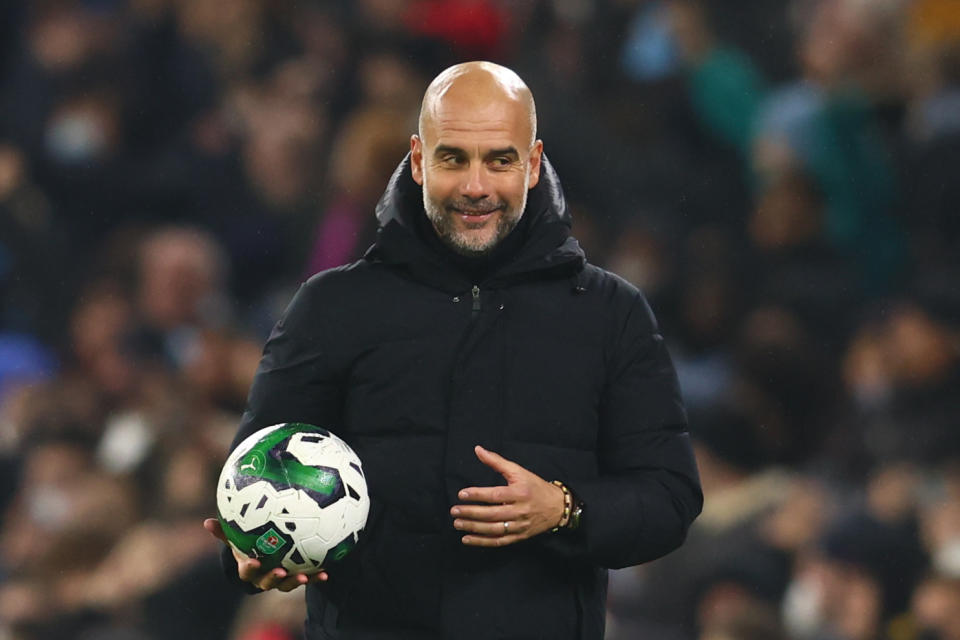 MANCHESTER, ENGLAND - DECEMBER 22:  Manchester City Manager Pep Guardiola reacts during the Carabao Cup Fourth Round match between Manchester City and Liverpool at Etihad Stadium on December 22, 2022 in Manchester, England. (Photo by Chris Brunskill/Fantasista/Getty Images)