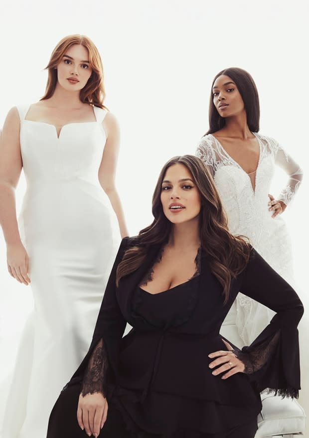 <p>(L-R) The Hutton wedding dress, Ashley Graham and the Lee wedding dress from the Ashley Graham x Pronovias collection.</p>