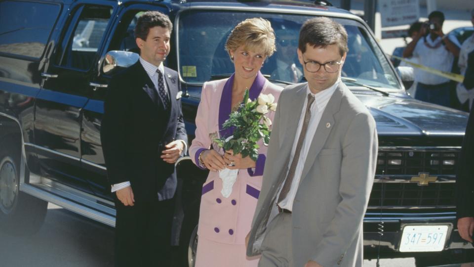 British royal Diana, Princess of Wales (1961-1997), wearing a pink and purple suit by Catherine Walker, during a visit to Washington, DC, 5th October 1990.