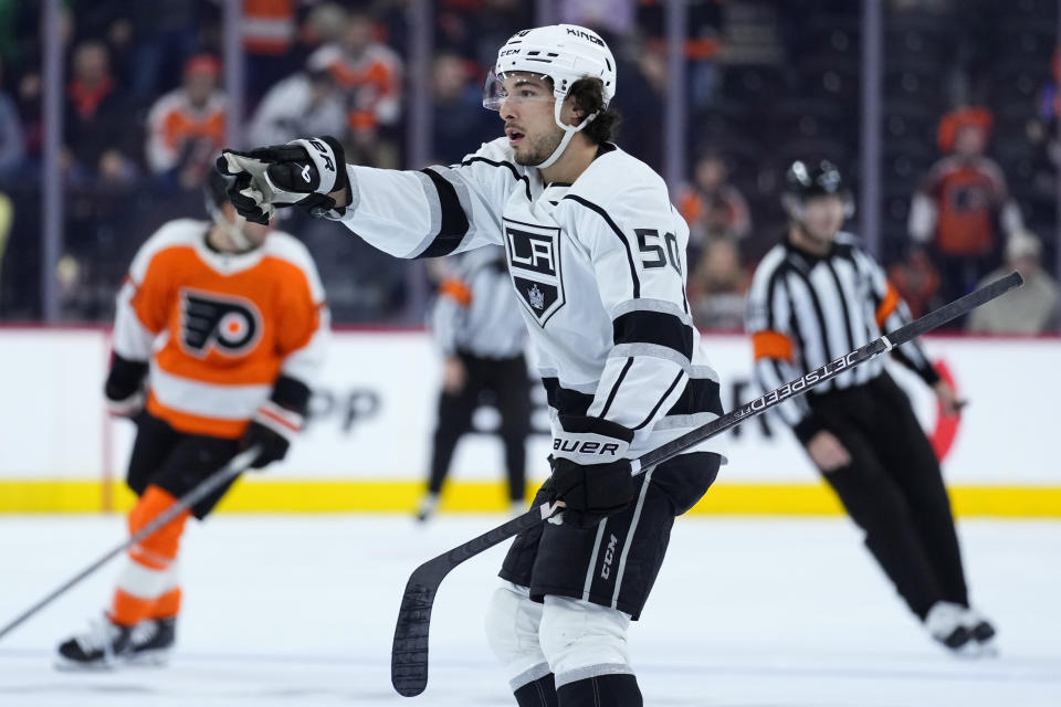 Los Angeles Kings' Sean Durzi reacts after the Kings won an NHL hockey game against the Philadelphia Flyers, Tuesday, Jan. 24, 2023, in Philadelphia. (AP Photo/Matt Slocum)