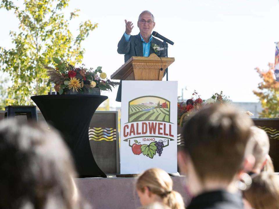 Caldwell Mayor Garret Nancolas holds his last state of the city address on Thursday at Indian Creek Plaza. Nancolas is retiring. He is the longest-serving mayor in the city’s history