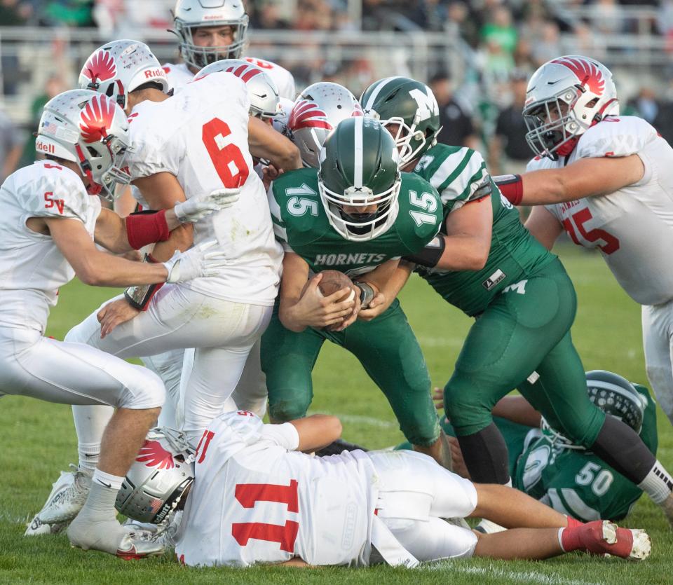 Malvern's Jared Witherow, 15, bulls his way in to the end zone for a first-half touchdown, Friday, Sept. 15, 2023.