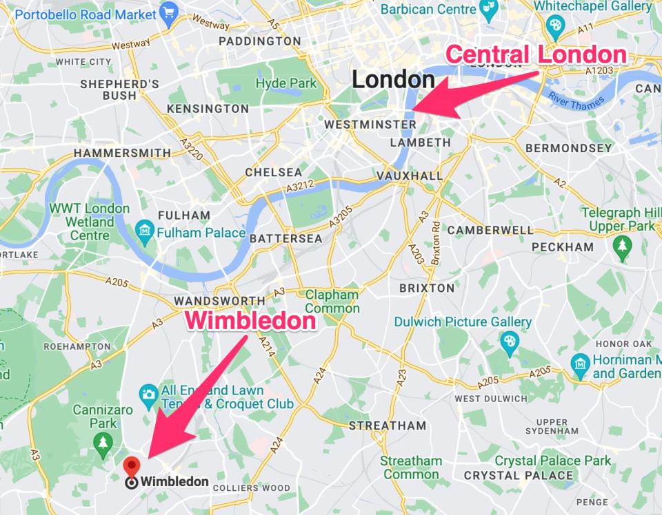A map showing the location of Wimbledon, a South West London town.