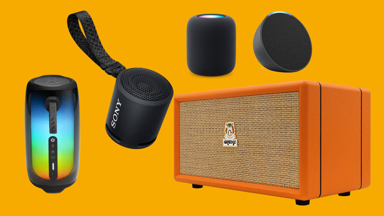  The Orange, Sonos, JBL, Apple Homepod, Amazon Echo speakers on an orange background 