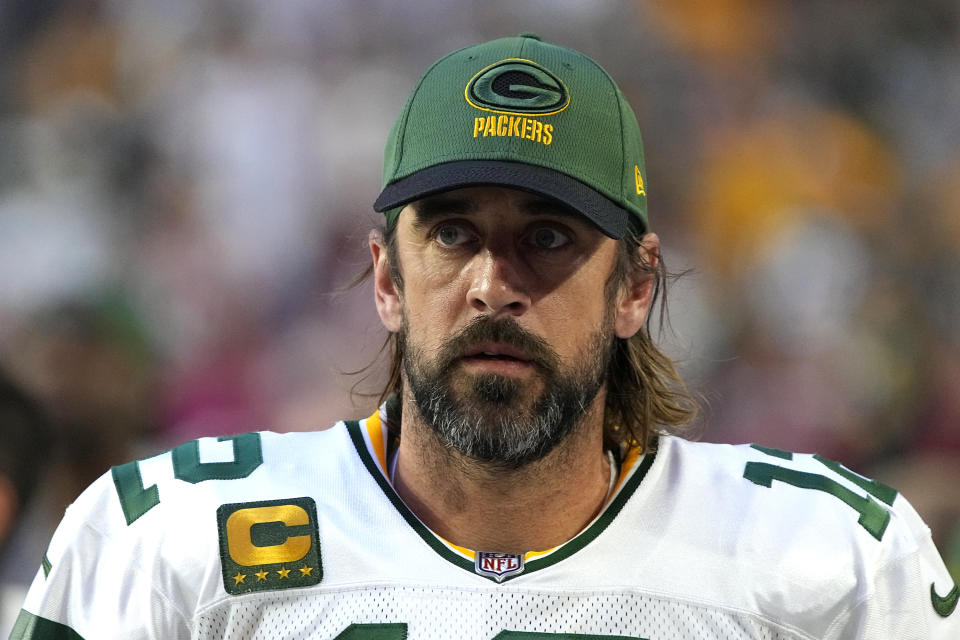 Green Bay Packers quarterback Aaron Rodgers (12) is shown during the first half of an NFL football game against the Arizona Cardinals, Thursday, Oct. 28, 2021, in Glendale, Ariz. Packers quarterback Aaron Rodgers is in the NFL’s COVID-19 protocol and will miss Sunday’s game at Kansas City. Green Bay coach Matt LaFleur confirmed Wednesday, Nov. 3, 2021, that Rodgers was in the protocol, but would not say if Rodgers had tested positive nor if the reigning NFL MVP has been vaccinated. (AP Photo/Rick Scuteri)