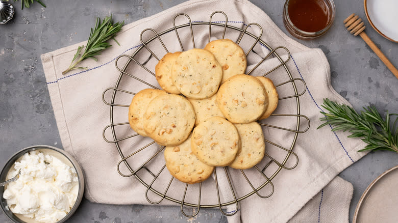 honey rosemary hazelnut shortbread on wire tray