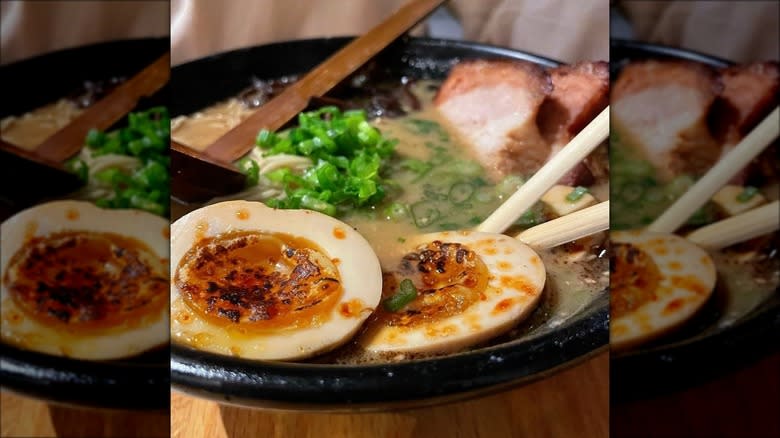 Ramen dish with brulee eggs