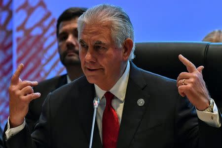 U.S. Secretary of State Rex Tillerson gestures before the 10th Lower Mekong Initiative Ministerial Meeting, part of the Association of Southeast Asian Nations (ASEAN) regional security forum in Manila, Philippines August 6, 2017. REUTERS/Mohd Rasfan/Pool