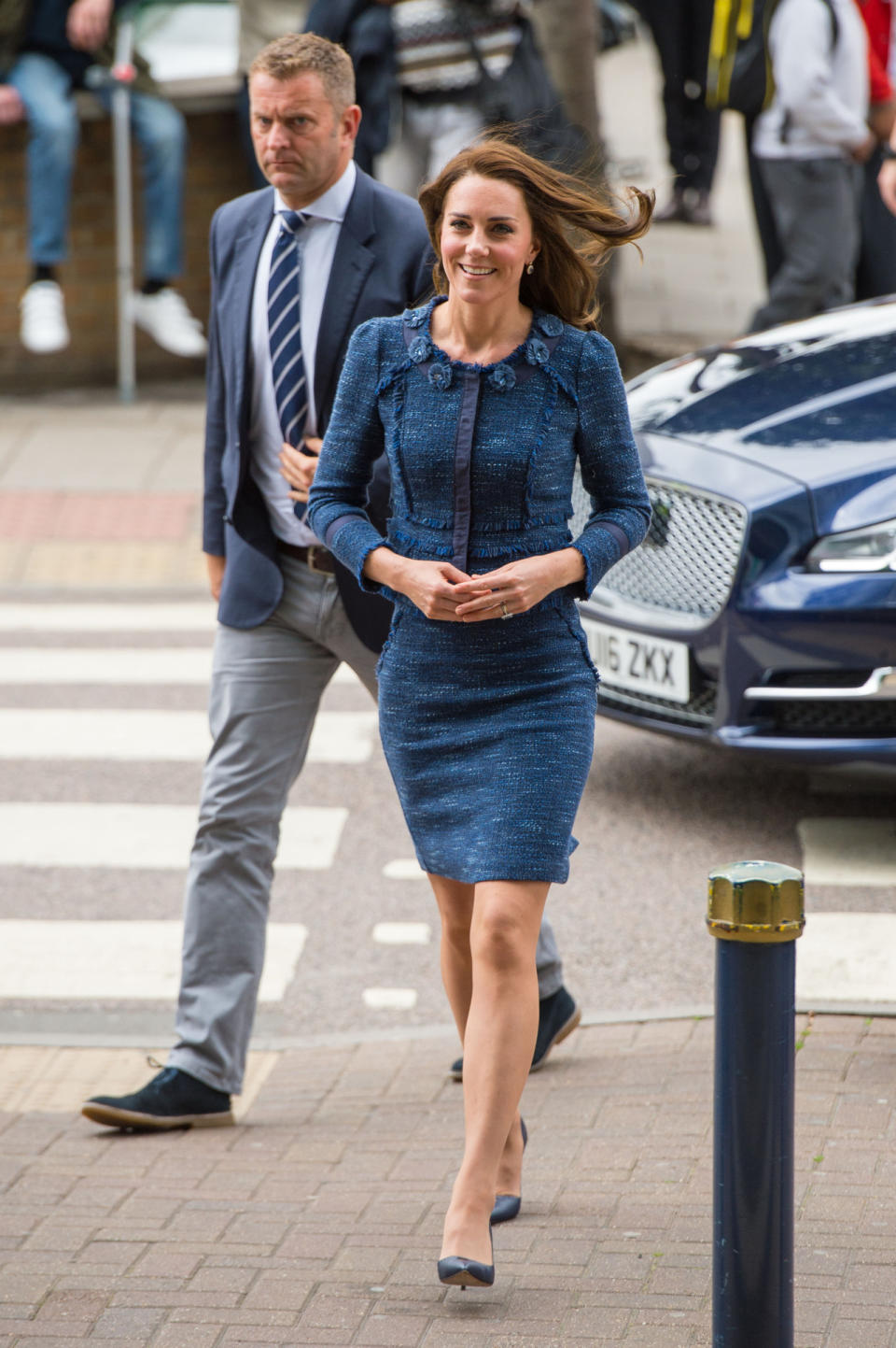 <p>The Duchess visited the survivors of the tragic London terror attack in hospital. She went for an understated workwear look to speak to both the victims and hospital staff, choosing a blue tweed skirt suit by Rebecca Taylor. Studded navy heels by Manolo Blahnik finished off the smart ensemble.</p><p><i>[Photo: PA]</i> </p>