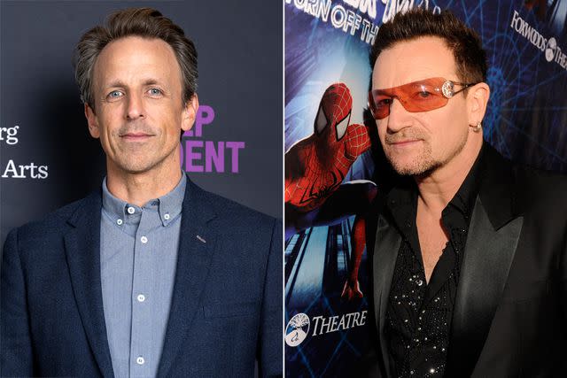 <p>Amanda Edwards/Getty; Kevin Mazur/WireImage</p> Seth Meyers and Bono