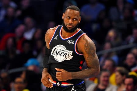 Feb 17, 2019; Charlotte, NC, USA; Team Lebron forward Lebron James of the Los Angeles Lakers (23) reacts during the 2019 NBA All-Star Game at Spectrum Center. Mandatory Credit: Bob Donnan-USA TODAY Sports