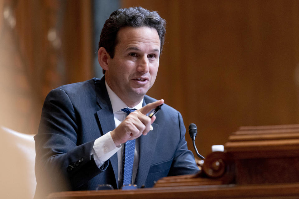 FILE - Sen. Brian Schatz, D-Hawaii, speaks during a Senate Appropriations Subcommittee on Commerce, Justice, Science, and Related Agencies hearing on Capitol Hill in Washington, Tuesday, Feb. 1, 2022. Schatz said the permitting effort is about making sure bedrock environmental laws are followed in a more timely manner, such as concurrent reviews by government agencies rather than one agency beginning its work after another has finished. (AP Photo/Andrew Harnik, Pool, File)