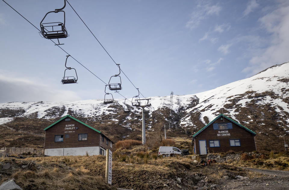 Empty chairlifts at the Glencoe Ski Centre in Ballachulish, Scotland.