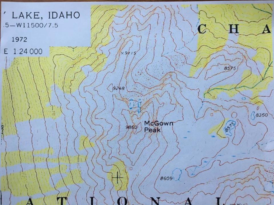 This U.S. Geological Survey topographic map from 1972 shows the first instance of the misspelling of McGowan Peak. “It appears that in the early 1970s, an error was made on the USGS topographic map and the peak was mistakenly labeled McGown Peak,” according to an email from the USGS to the office of Rep. Russ Fulcher, whose regional director looked into the matter.